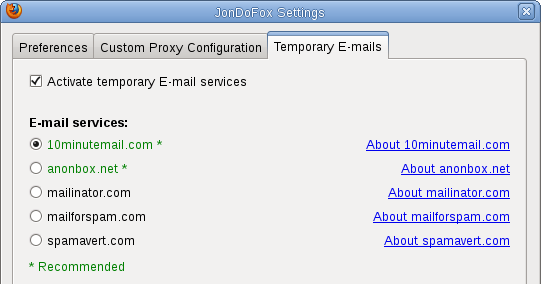 Temporary E-mail addresses -- settings